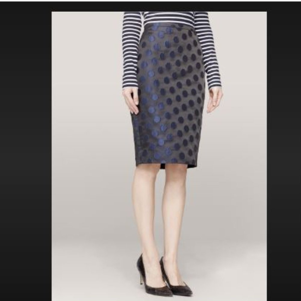 NEW NWT J. CREW NO. 2 PENCIL SKIRT IN BLACK & NAVY POLKA DOT BROCADE SIZE 4 $148